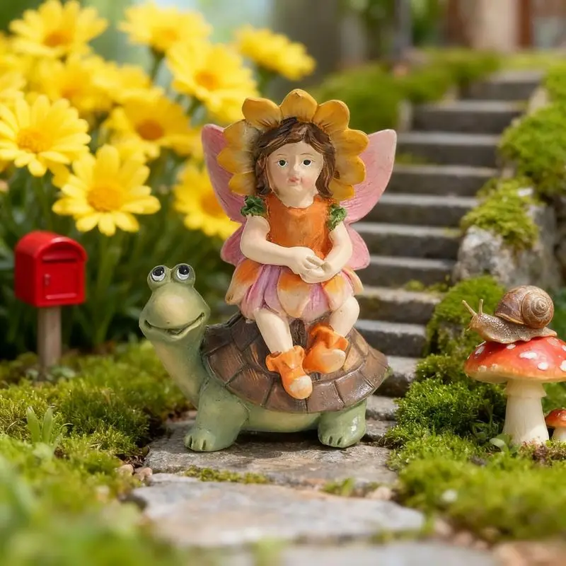 New Fairy Girl Riding Turtle Resin Ornament, Miniature Landscape Figurine, Garden Bonsai Desktop Decor, Living Room Entrance Hom