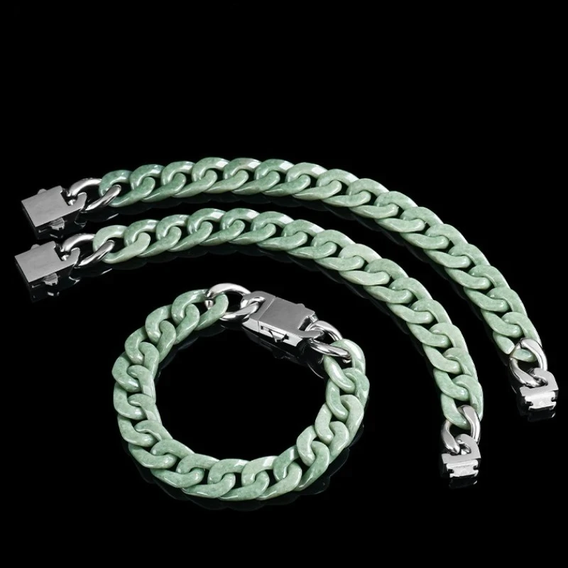 High-end Natural Jadeite Bean Green Cuban Chain Bracelet Fashionable and Simple Titanium Steel Jade Necklace for Men and Women