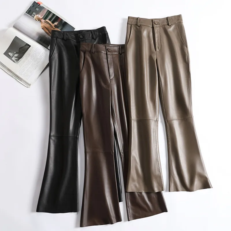 Women's Leather Pant, Sheepskin Pants, Casual Flared Trousers, Big Size, Female, Soft Genuine Leather Trousers, Spring Autumn