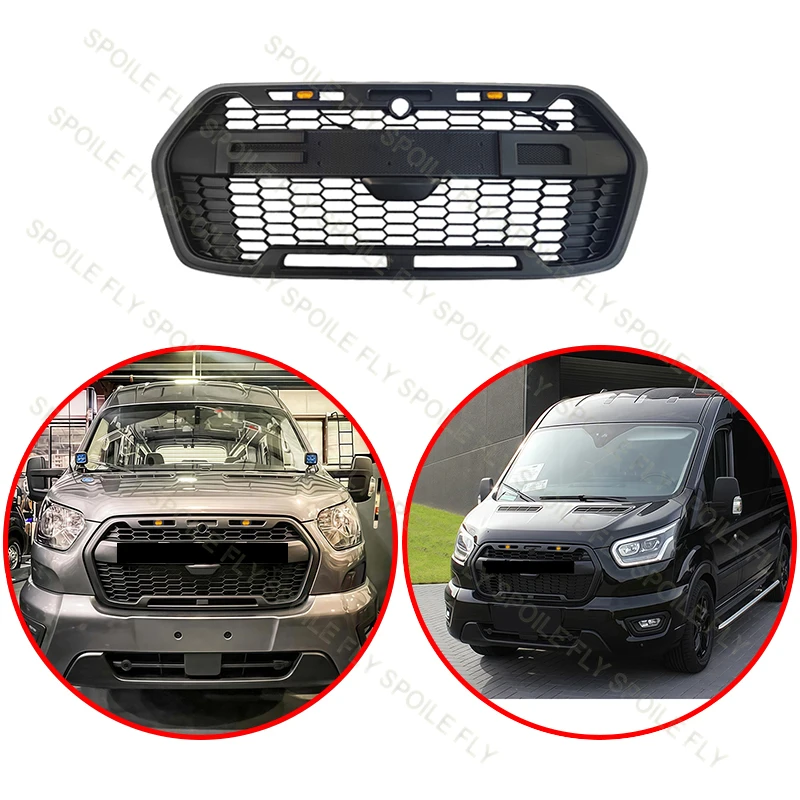 

For Ford Transit Mk8 150 250 350 European Version 2019-2025 Raptor Style Car Front Grille Body Kit Grill Matte Black With LED