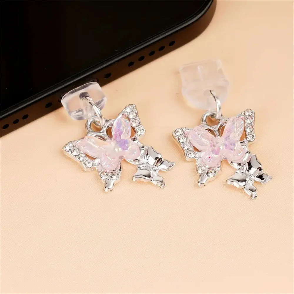 فراشة جميلة الهاتف الغبار التوصيل الملحقات الديكور شنقا قلادة آيفون سامسونج نوع C واجهة ميناء الشحن