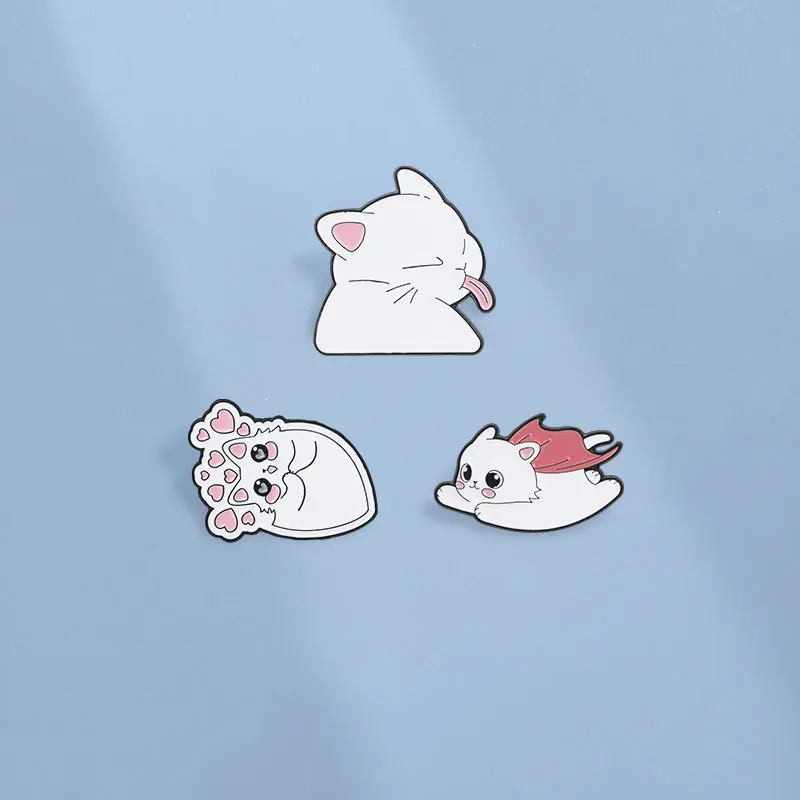 Cute White Cat Enamel Pins Cartoon Shy Heart Tongue Out Kitten Super Hero Kitty Brooches Strabismus Cat Animal Badge Jewelry Gif
