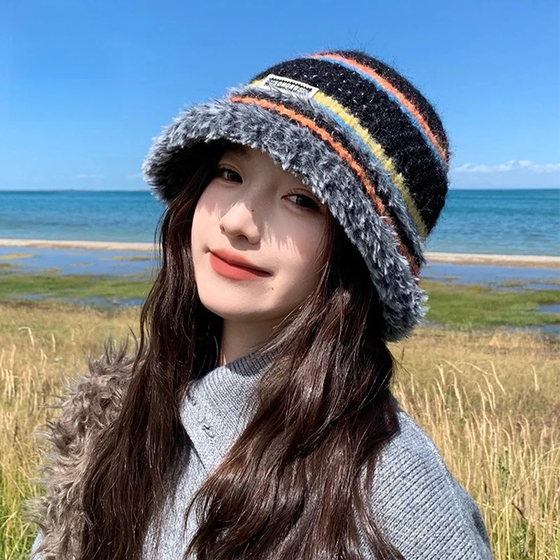 

Autumn and winter dopamine knitted wool hat for women, warm Japanese and Korean fisherman hat, basin hat wholesale