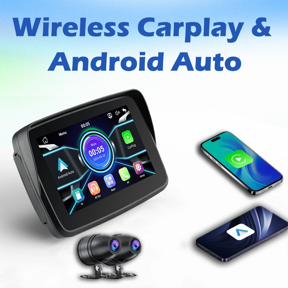 Motorcycle GPS Dual Cameras DVR Monitor Wireless Carplay Android Auto 5inch IPX7 SYX MTC10