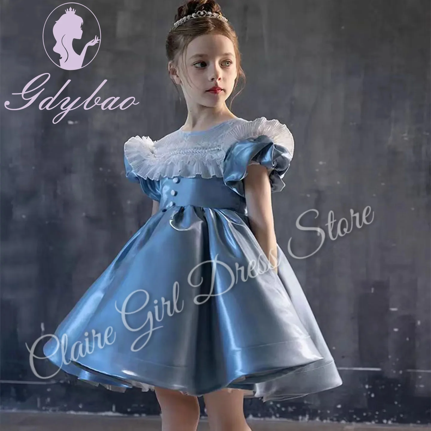 Customized Sky Blue Flower Girl Dresses For Wedding Satin Short Sleeves Elegant Kids Birthday Party First Communion Gown