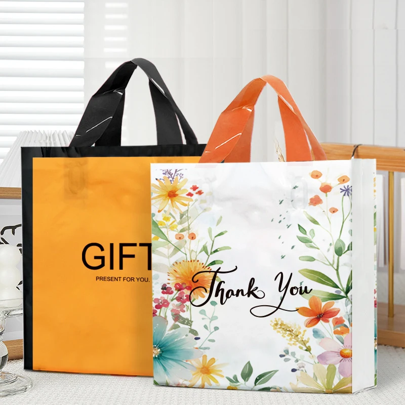 50Pcs/lot Flower Thank You Plastic Bags with Handles Shopping Packaging Bags For Small Businesses Clothes Wigs Gift Bags