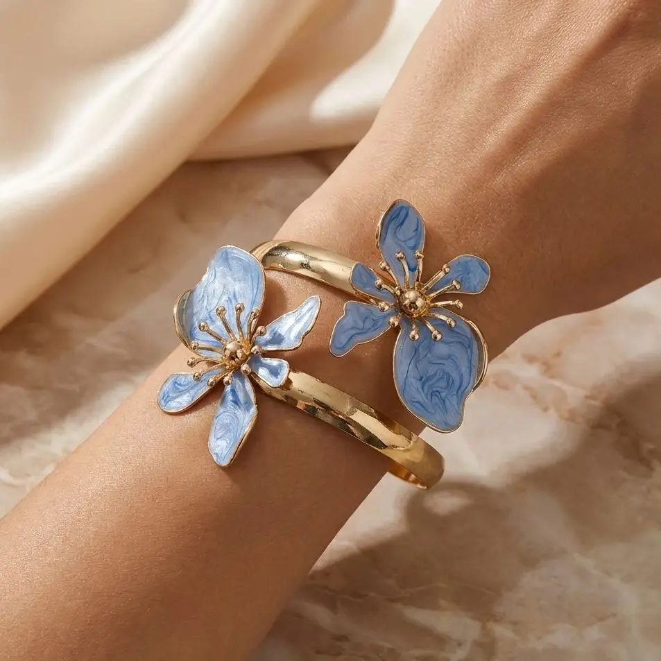 Elegant Enamel Flower Open Cuff Bracelet For Women Gold Plated Metal Pink White Blue Floral Bangles Beach Party Vacation Jewelry image 3