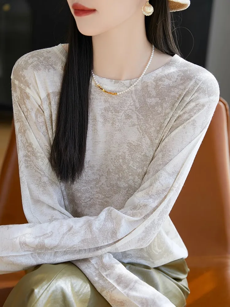 スリムフィット ロングスリーブ ラウンドネック ニットトップ ファッションプリント 薄型デザイン 日焼け防止 ベースレイヤー Tシャツ 水溶性リング