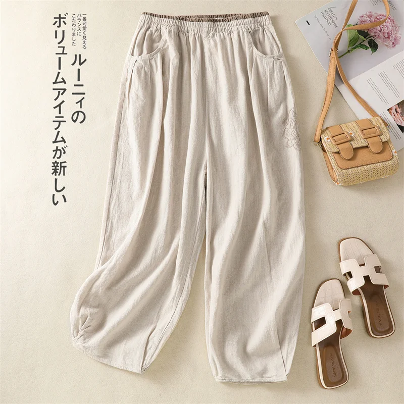 

Vintage Floral Embroidery Lantern Pants Women Summer Elastic Waist Ankle-Length Trousers Harem Cotton Linen Pants