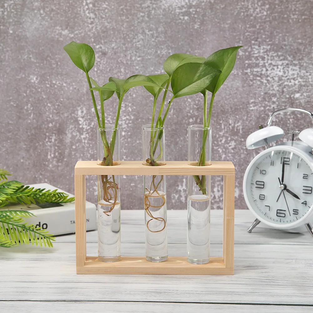 Creative Wooden Frame Vase Glass Hydroponic Greens Transparent Container Flower Arrangement Desktop Ornament for Room Decoration