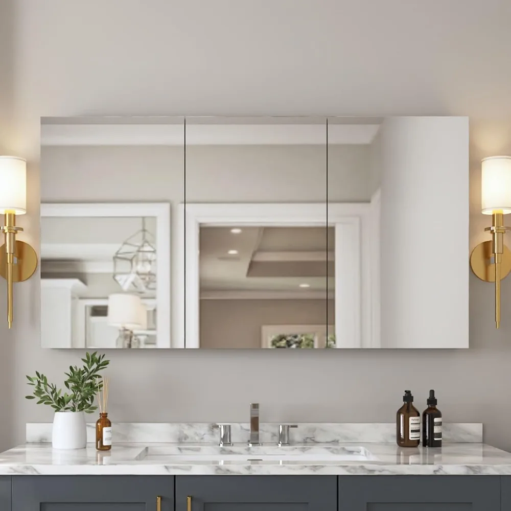 

Шкаф для ванной комнаты с зеркалом и 3 дверцами, без рамки, настенный шкаф для ванной с 2 регулируемыми полками