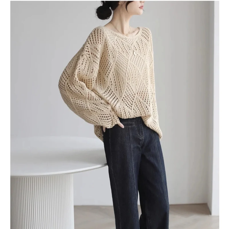 Simplicity Casual Spring/Summer Solid Women\'s O-Neck Hollow Out Korean Style Fashion Loose Long Sleeve Pullovers Knitted Tops