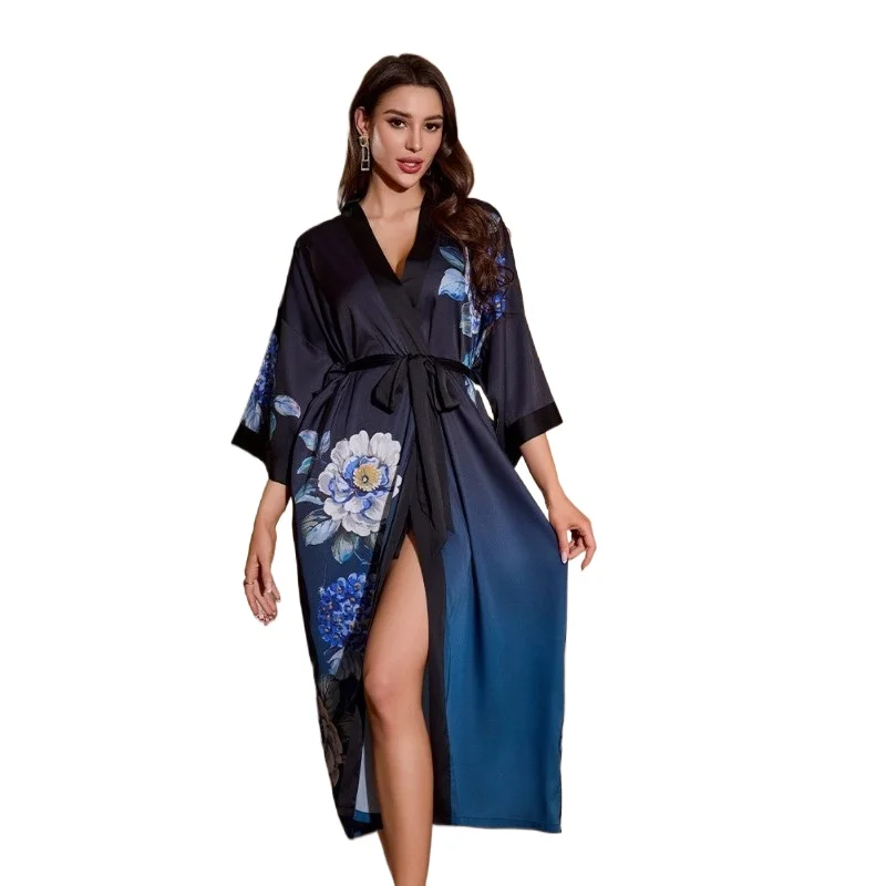 women's-summer-large-size-light-luxury-seven-quarter-sleeves-cool-long-pajamas-loungewear-smooth-and-soft-satin-printed-pajamas