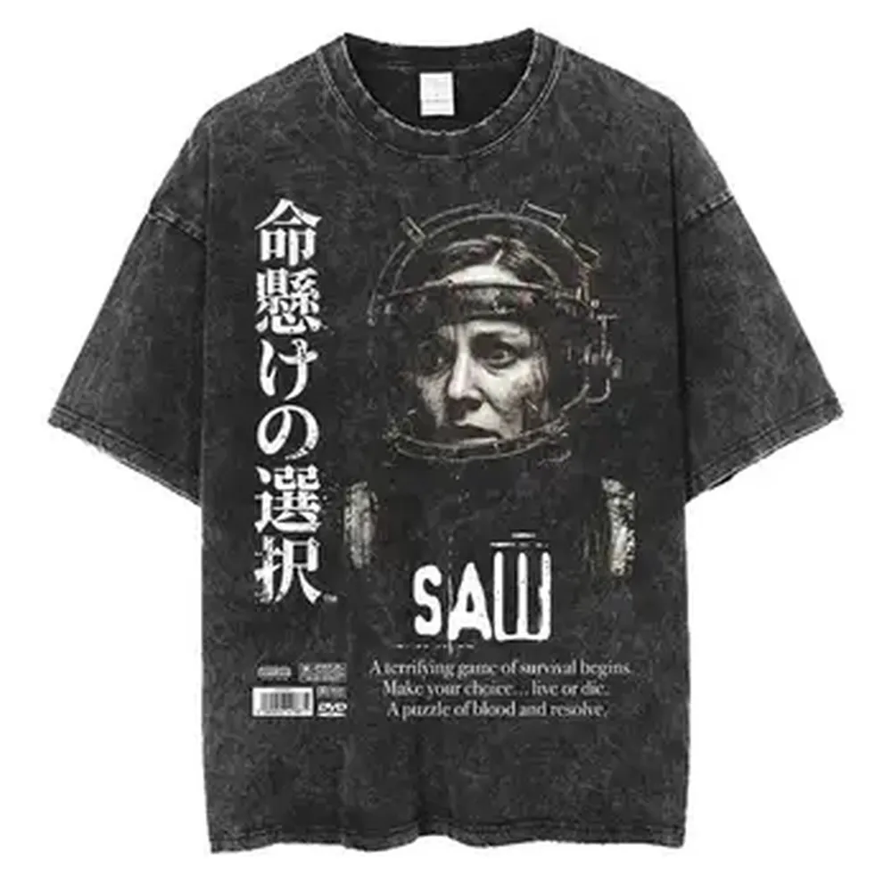 Movie Saw Horror Head Torture Oversized T shirt 100% Cotton Vintage Washed T-shirt for men women hiphop streetwear SAW1