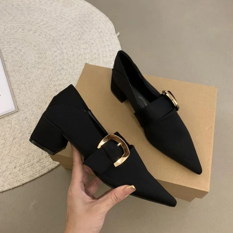 2026 Autumn Deer hide velvet  Jane shoes - French retro pointed-toe shallow-toe high-heeled single shoes with belt buckle
