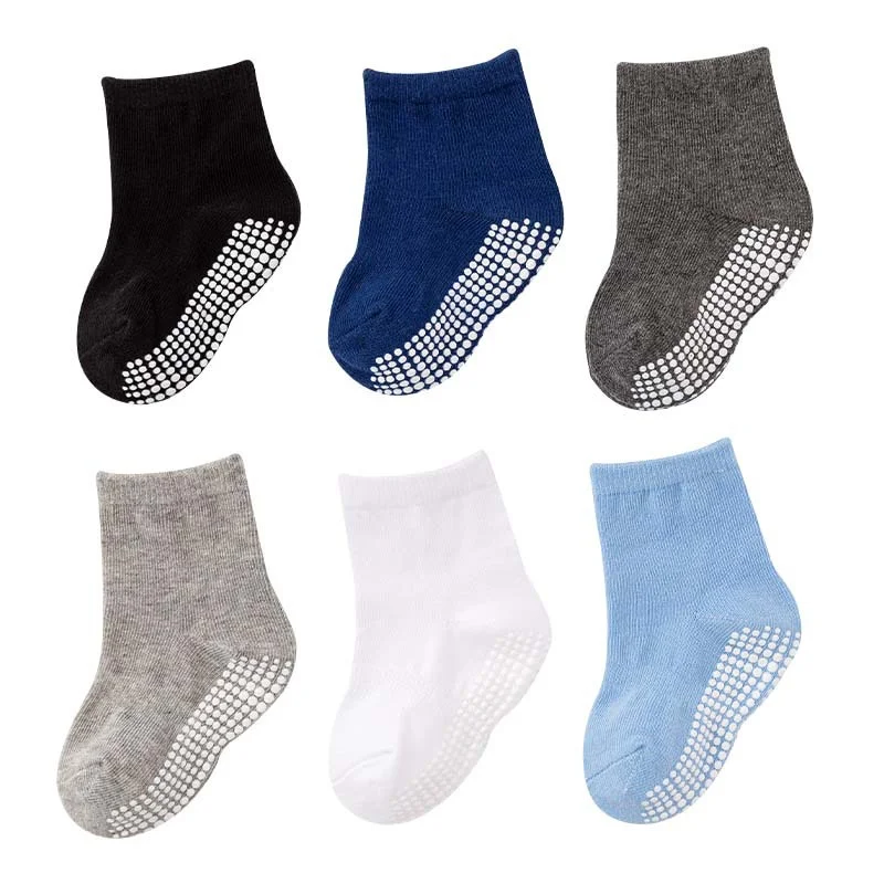 6 Pairs 0 to 6 Y Cotton Children's Anti-slip Boat Socks For Boys Girl Low Cut Floor Kid Sock With Rubber Grips Four Season