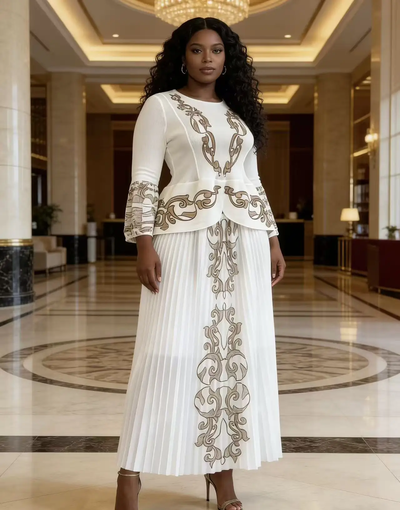 2026 New African Miyake Pleated Printing Suit Loose Fashion Top + Pleated Skirt Two-piece Set Women's Clothing