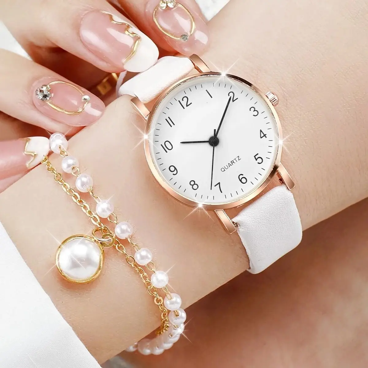 Women Rose Gold Pearl Jewelry Watch Set White Leather Quartz Wrist Watch Necklace Earrings Bracelet Ladies Elegant Gift view 3