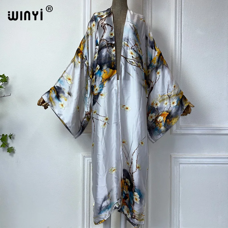 WINYI summer kimono Africa print beach wear women Swim Suit elegant African women boho Cardigan sexy Holiday silk feeling dress