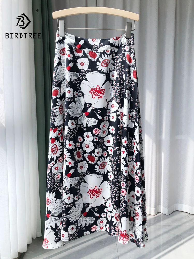 

BirdTree-Women 16MM 100% Silk Elegant Skirt, Elastic Waist Floral Print, Romantic French Retro Party Skirt, 2025 Summer B57429CC