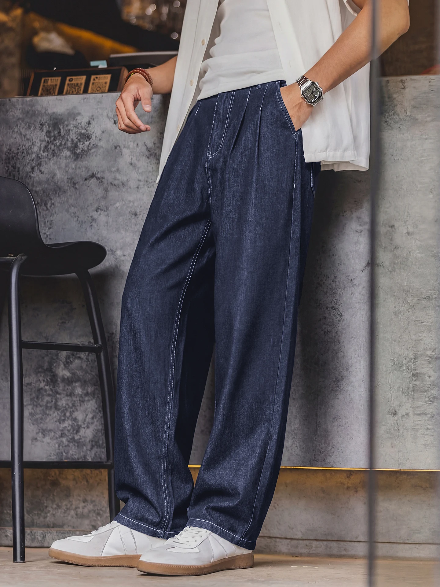 American Retro Mixed Color Casual Pants Men's Spring Summer Loose Straight Drapey Waistband Elastic Long Trousers