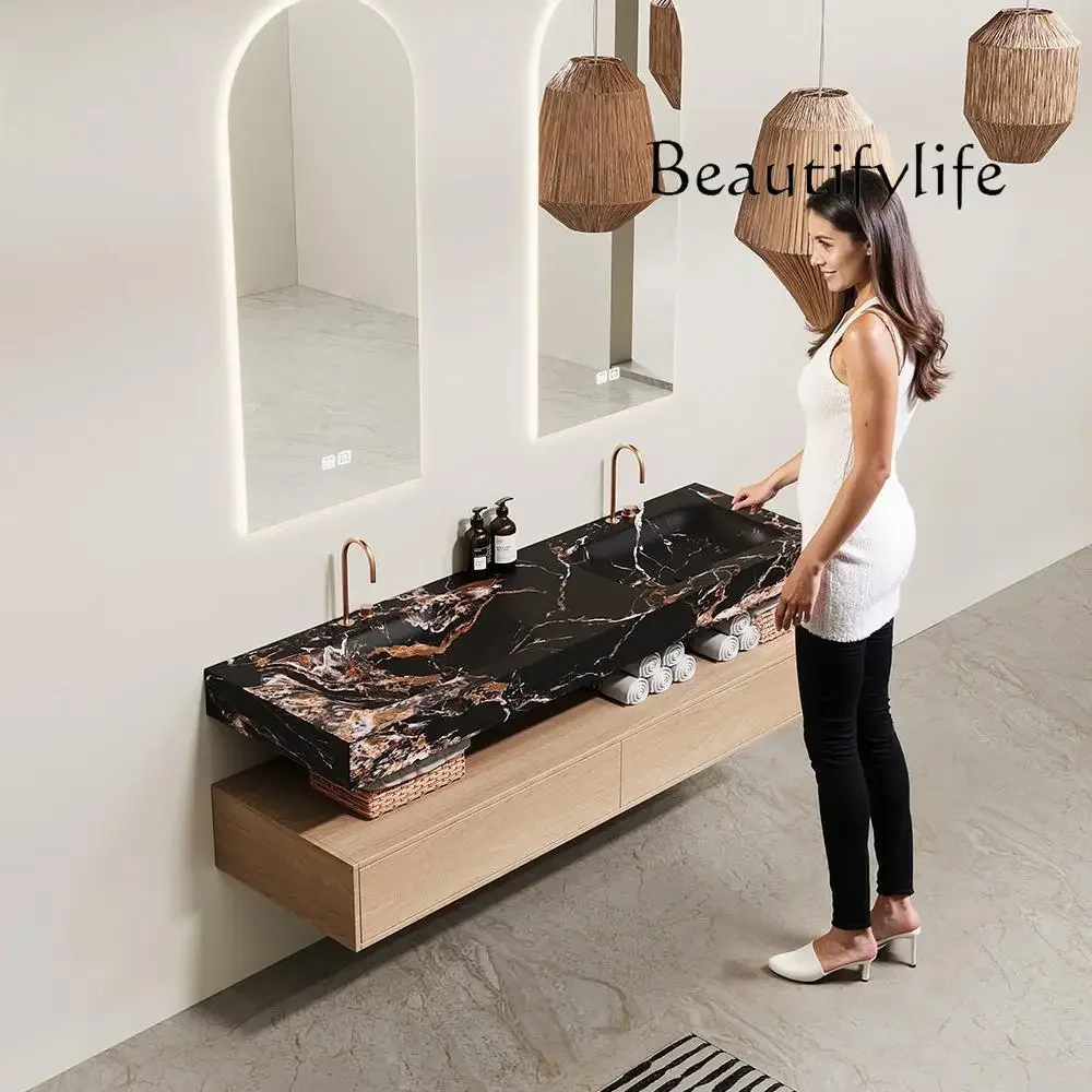 BJ Y Lauren Black Gold Marble Luxury Stone Thermoforming Double Basin Sink: Integrated Vanity Countertop & Vessel Washbasin
