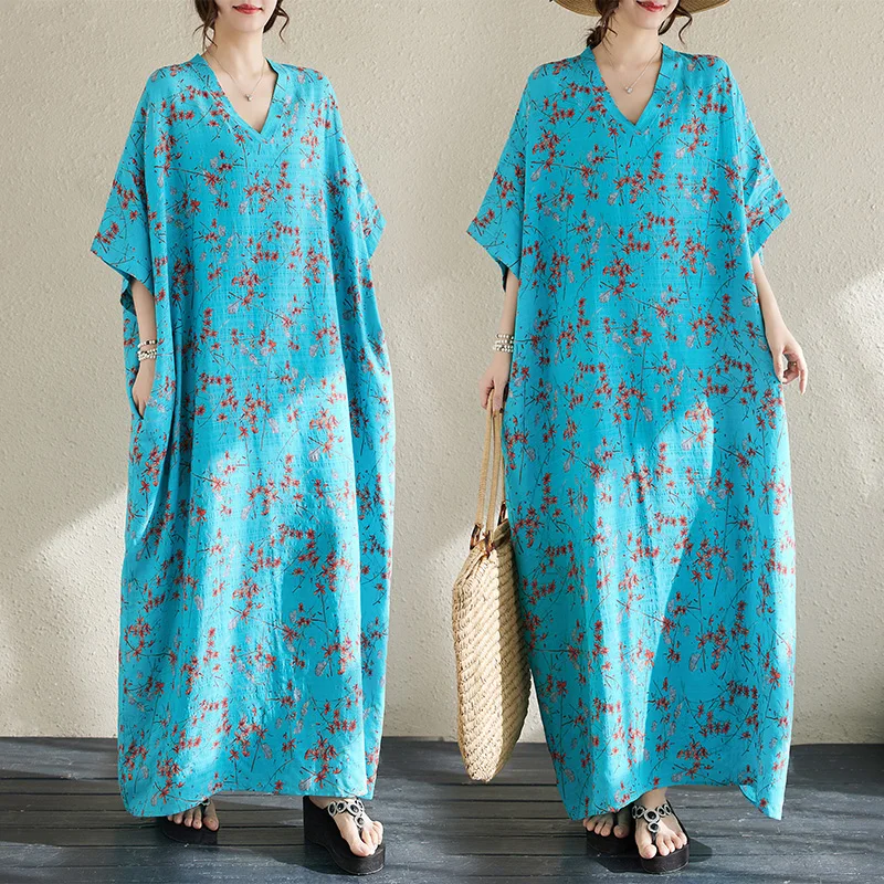 Été mince Floral Vaion Sle voyage v-ne rétro Long Dr doux confortable sur le genou coton lin mélange enveloppement Dr