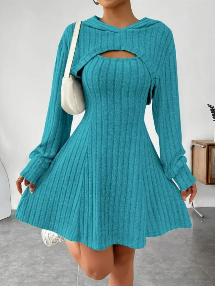 Herfst Winter Mode Gebreide Dames Rokkostuum Lange Mouwen Hoodie Top + Elegante Vrouwelijke Mouwloze A-lijn Tank Top 2-delige Set