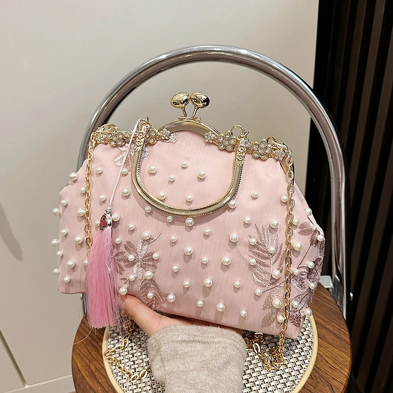 

2025 Fashion Retro New Sense of Luxury Frame Shoulder & Crossbody Bags Exquisite Beading Chains Diamonds Handbags for Women