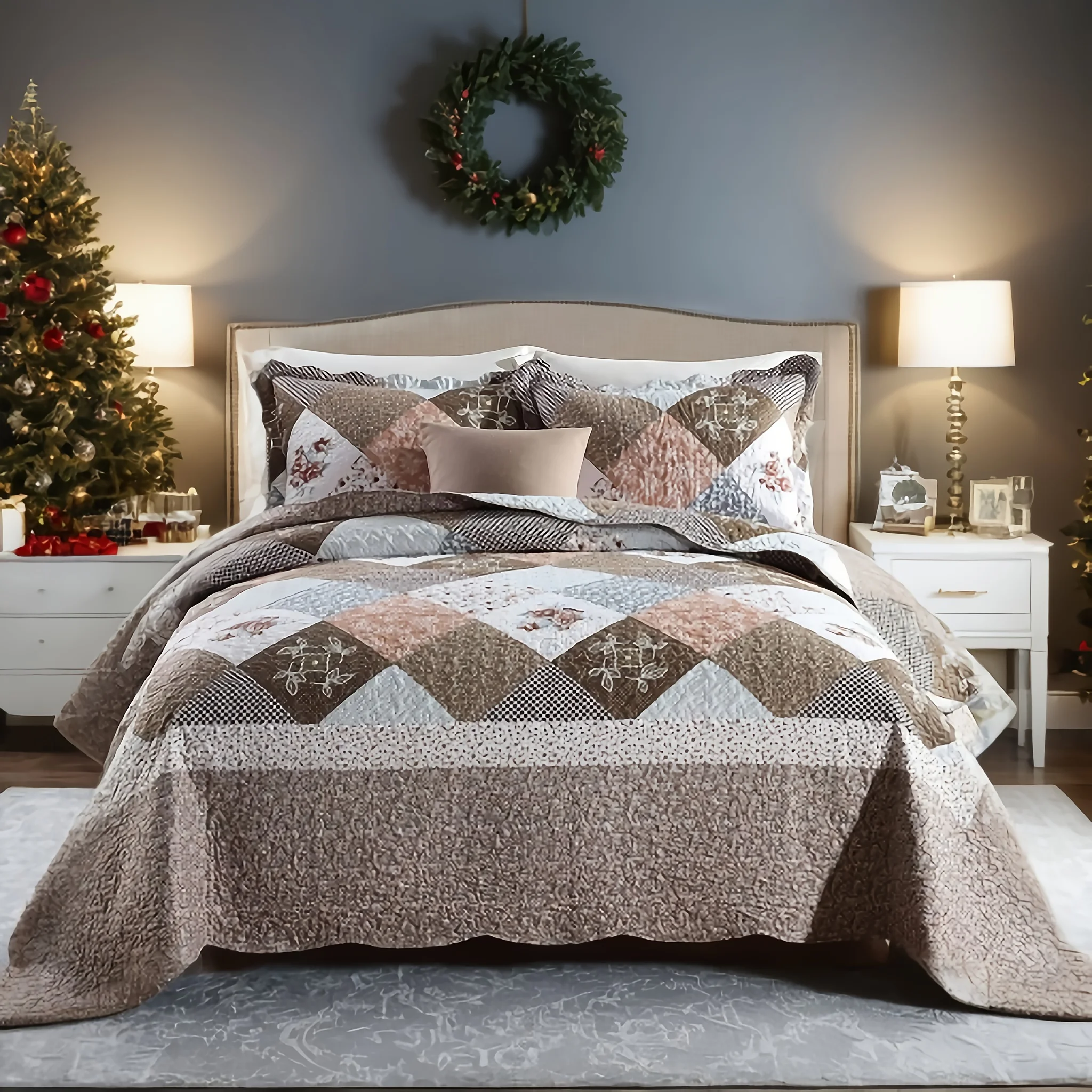 3-Piece Set With Purple Floral Pattern, Checkered Stitching, Soft Lightweight Bed Sheet Bedding Set, Garden Style All Season One