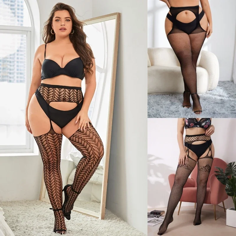 Oversized Womens Large Plus Size Fishnet Black Stockings Open Crotchless Body Tight High Pantyhose Sexy Overknee Socks Tights