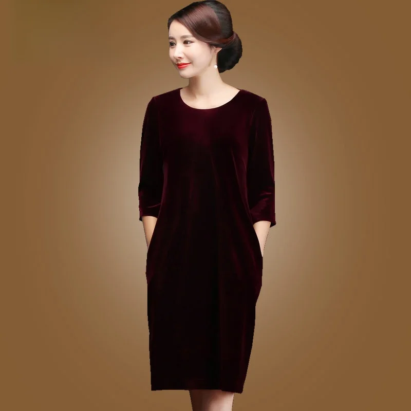 

Ele Velvet Long Qipao Dr for Older Women Loose Fit Wedding Dr Traditional Chinese Faion round Collar Seven Sve