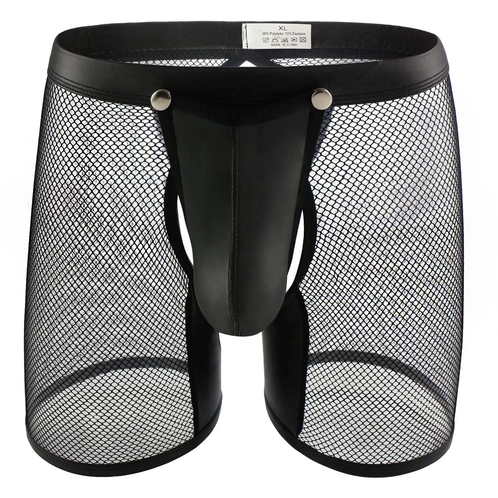 

Men's Mesh Boxer Briefs Removable Faux Leather Pouch Low Rise Sexy Long Leg Underwear Youth Fashion Underpants
