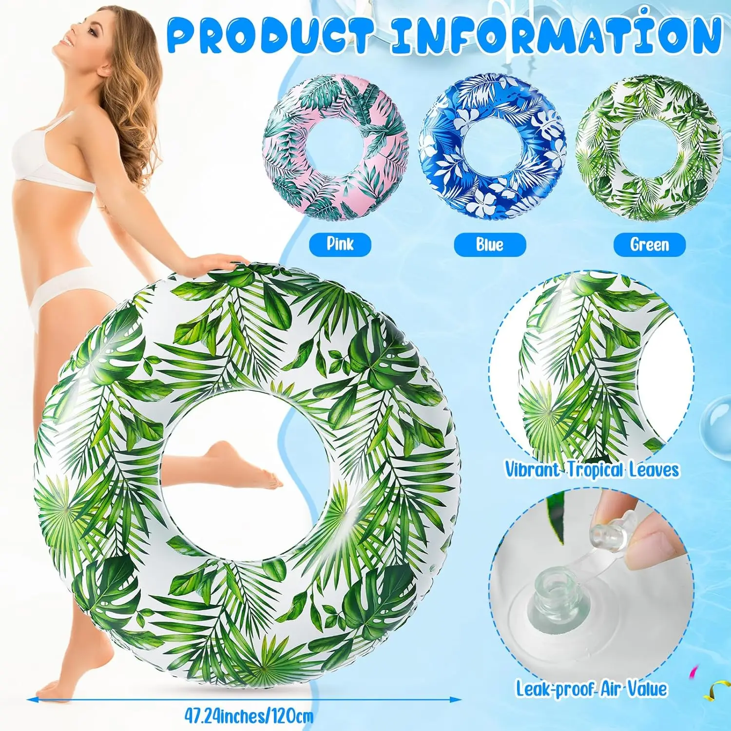 Grands flotteurs de piscine pour adultes, 3 pièces, 47.24 pouces, feuilles tropicales gonflables, Tube flottant, anneaux de piscine Jumbo pour l'été, plage hawaïenne Sw