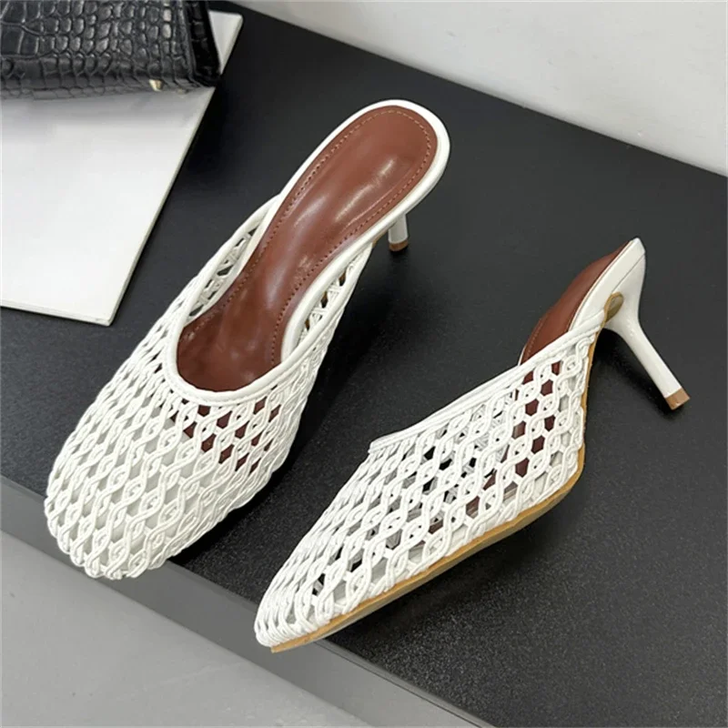 Eilyken Summer Hollow Out Breathable Mesh Weaving Women Slippers Fashion Thin Heels Party Dress Mule Shoes Large Size 43 image 3