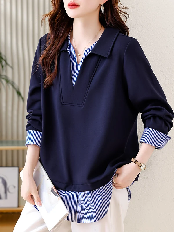 

Faionable Striped Patchwork Loose Long Sve Crew Ne Sweatirt plus Size Women's Autumn New Sle Casual Loose Top