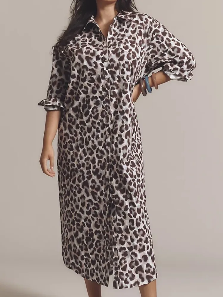 Beautyblue Leopard Print V Neck Dress Women's Fashion Shirt Dresses New Loose Buttoned Spring Elegant Party Long Sleeve Dress