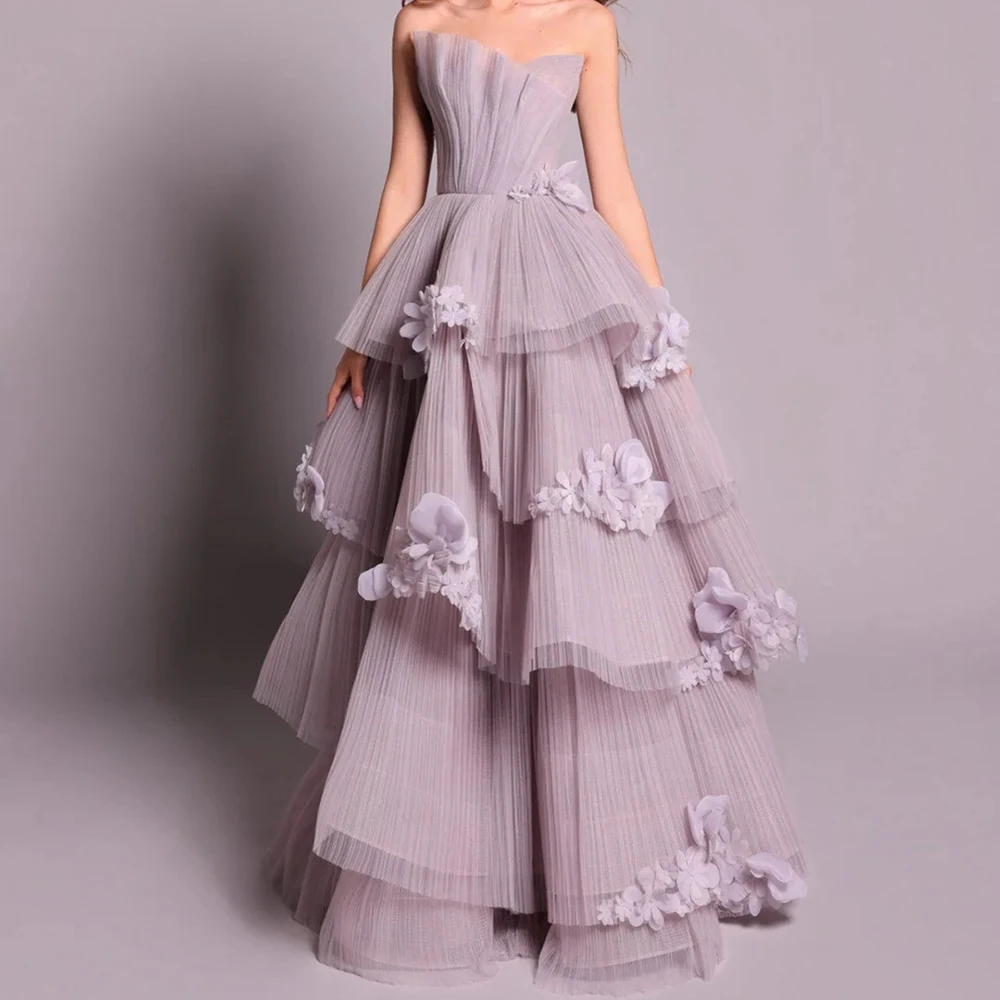 

Customized Mermaid Evening Dresses Floor-length Strapless Sleeveless Prom Gown Fashion Flowers Tiered Draped Backless Party Gown