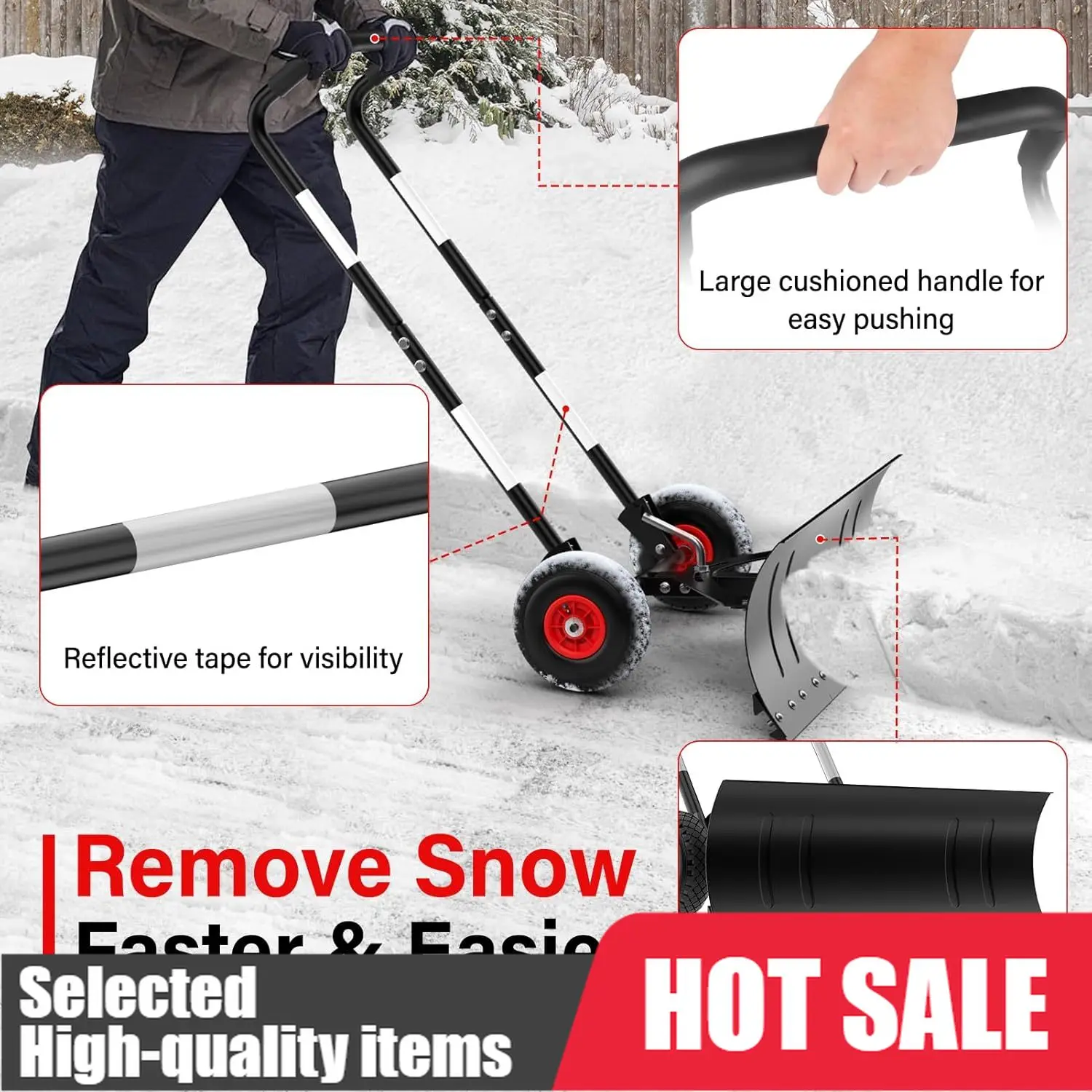 

Sturdy And Functional Snow Shovel Pusher For Driveway,Heavy Duty Steel Snow Shovel With Wheels,29 In Angled Blade Efficient Snow