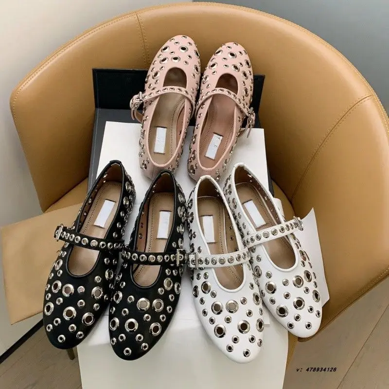 

Genuine Leather Flat Shoes 2024 Summer New Ballet Shoes Comfortable Round Toe Rhinestone Hole Mary Jane Single Shoe Women Shoes