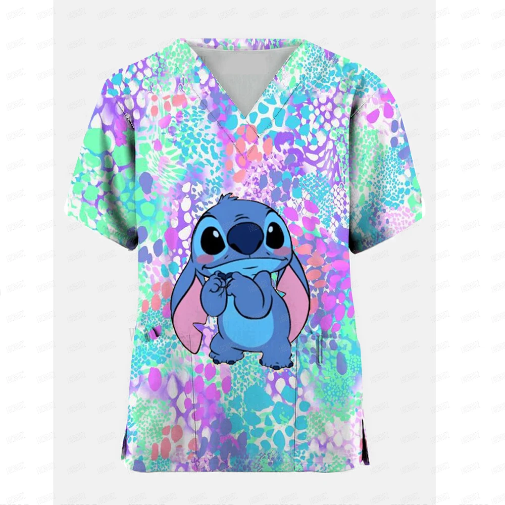 Womens Nurse Style Scrub Tops Summer Disney Stitch Print Short Sleeve T-Shirt V Neck Kawaii Pet Hospital Uniform Y2K