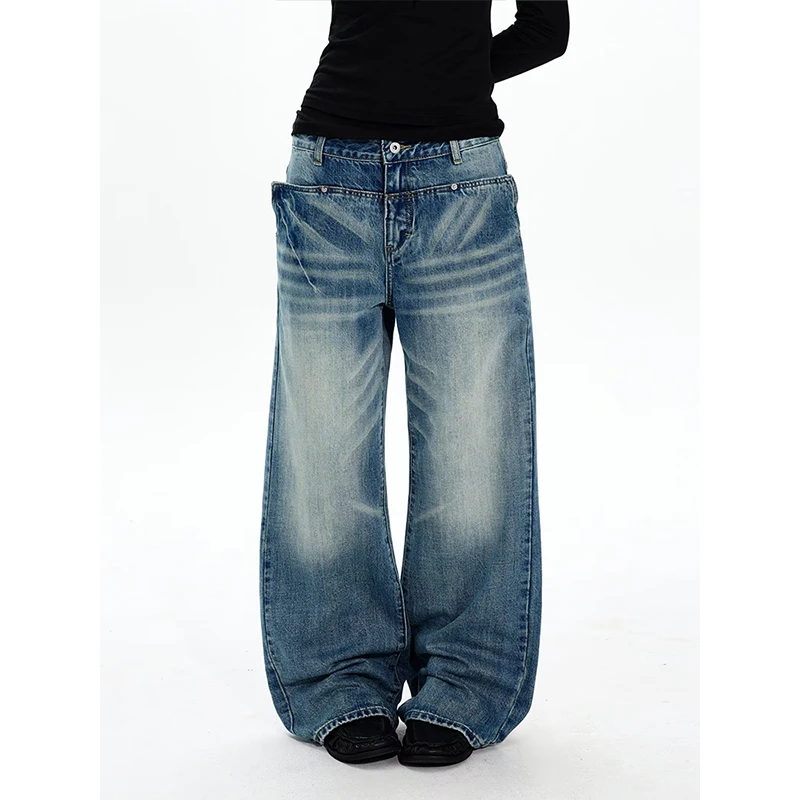 Women's Blue Y2k Wash Jeans Harajuku Vintage Baggy Boyfriend Denim Trousers Japanese 2000s Style Oversize Jeans Pants