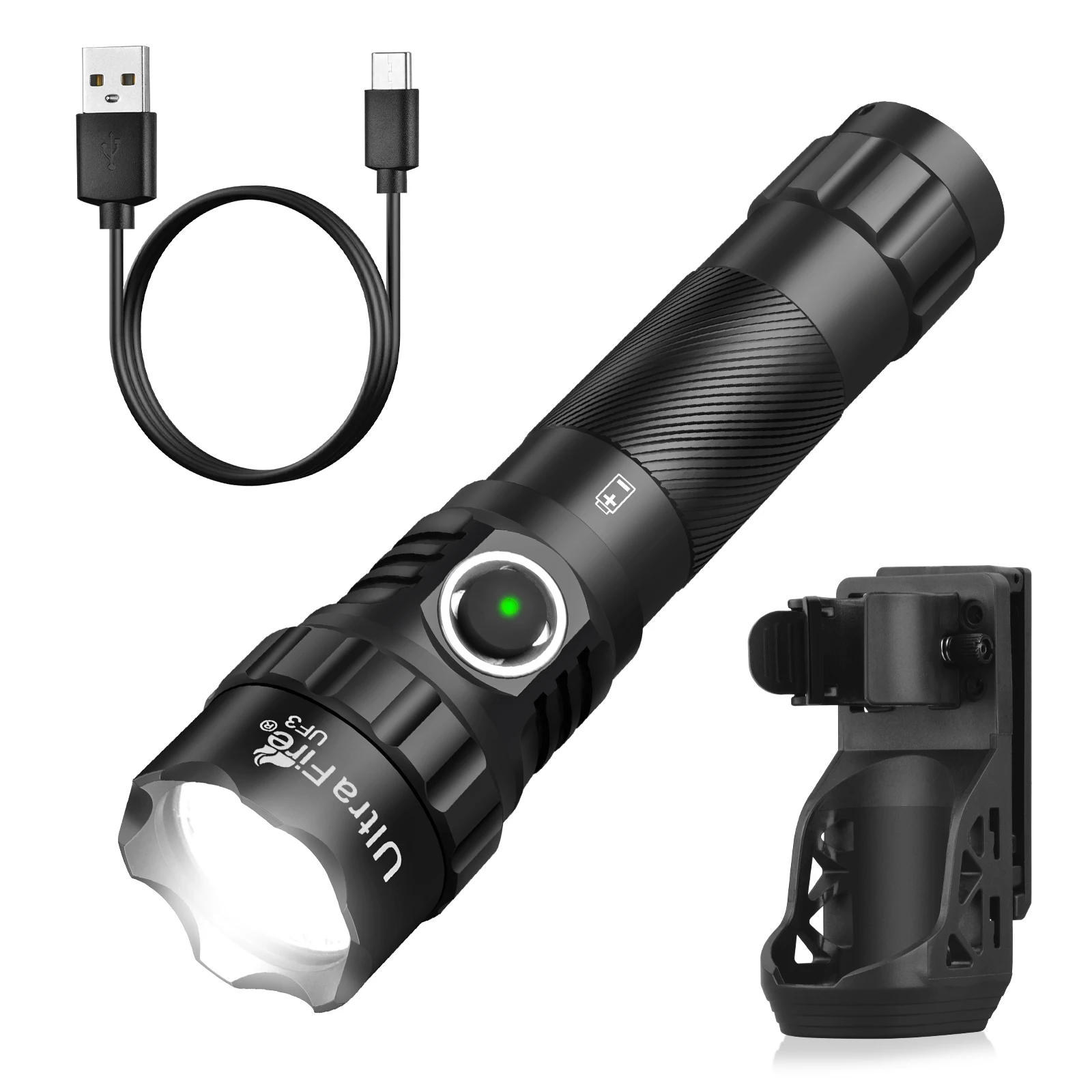 UltraFire UF3 Tactical Flashlight 1200LM Powerful Police LED Torch 3 Modes 21700 USB C Rechargeable with 360° Belt Clip Holster image 3