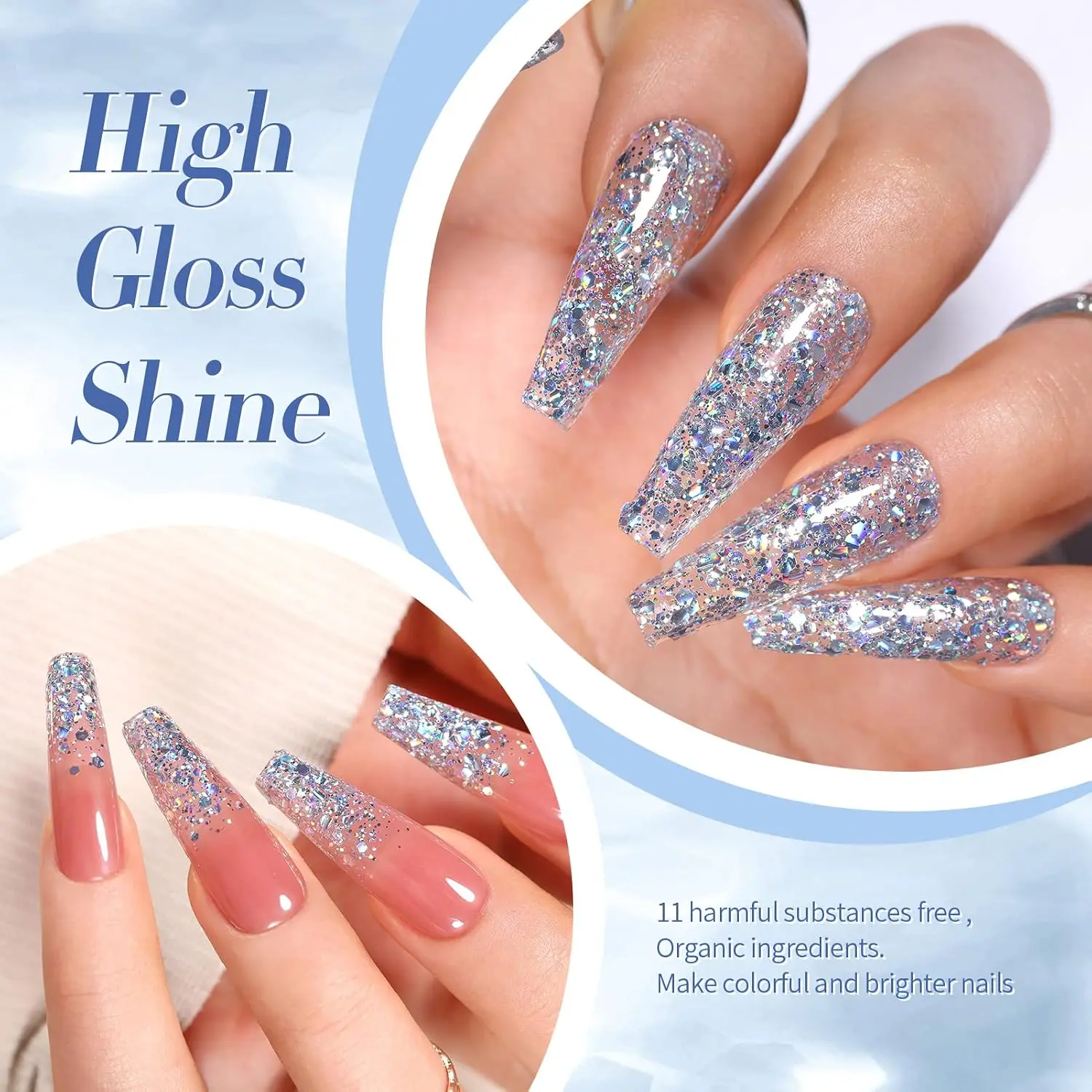 15ml Holographic Silvery Chunky Glitter Gel Polish, UV LED Soak Off Rainbow Sparkly Nail Gel for Fall Christmas Holiday Nail Art