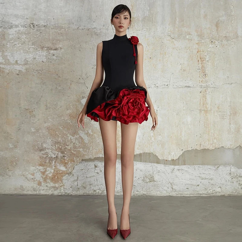 

Sexy Short Cocktail Dress with 3D Rose Flower Patchwork Decoration High-Neck Party Prom Dress Mini Length 2025 New Fashion