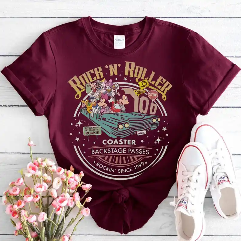 قميص ديزني ميكي آند فريندز روك أند رولر ريترو هوليوود ستوديوز تي شيرت ديزني لاند للعطلات العائلية