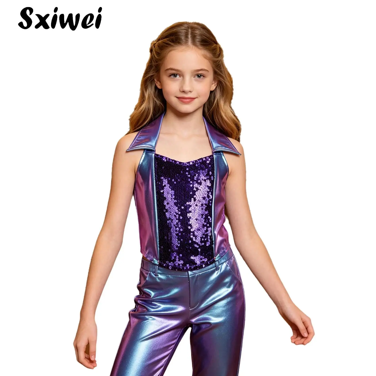 Child Metallic Shiny Tank Top Crop Vest Hip Hop Jazz Disco Dance Halter Tank Top Sequins Sleeveless Backless Zip-up Waistcoats