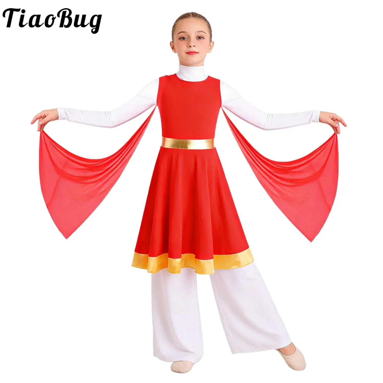 

Kids Girls Liturgical Praise Dance Robe Worship Lyrical Dance Performance Dress Long Sleeves Zipper Tunic Dress with Mesh Drapes