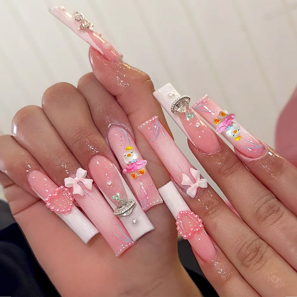 24 piezas de uñas postizas largas, medianas y cortas para mujeres y niñas, decoración de lazos y flores, puntas francesas 4