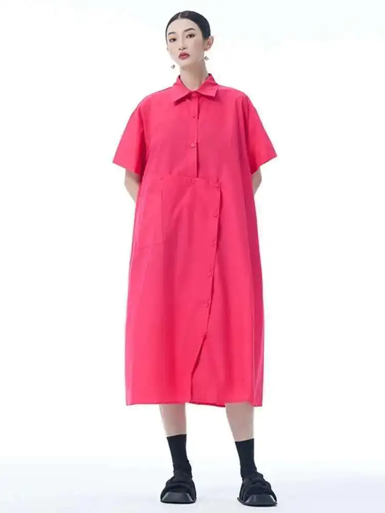 여성 블랙 불규칙한 단추 빅 사이즈 미디 셔츠 드레스 새로운 옷깃 짧은 소매 패션 조수 봄 여름